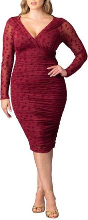 Kiyonna Betsey Ruched Elbow Sleeve Midi Bodycon Dress in Burgundy Flocked Florals at Nordstrom, Size 4X