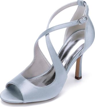 Generic Wedding Bridal Shoes Women Pumps Peep Satin Open Toe Strap Stiletto High Heel Dress Shoes Pumps Office Party Wedding9.5Cm,Silver,10 UK