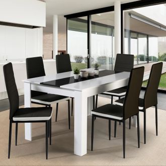 IDMarket Idmarket - Georgia Mesa De Comedor Blanca Y Negra De 140 Cm Y 6 Sillas Romane Negras Con Ribete Blanco