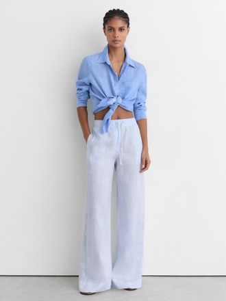 Reiss Silver Blue Petite Linen Ladder-embroidery Wide-leg Trousers, 10