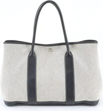 Herm&egrave;s Beige Black Leather Canvas Handbag Shoulder Bag Tote Bag (Pre-Owned)