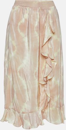 Maje Beige Tie Dye Satin Jitye Ruffled Midi Skirt