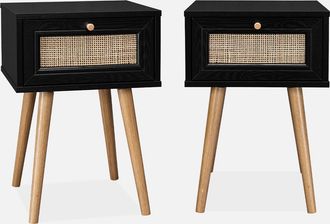 Sweeek Mesita De Noche De 1 Caj&oacute;n Con Efecto Madera Y Ca&ntilde;a, Set De 2