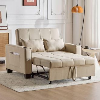 Matteo 2 Seater Convertible Fabric Sofa Bed with Cup Holders, Beige