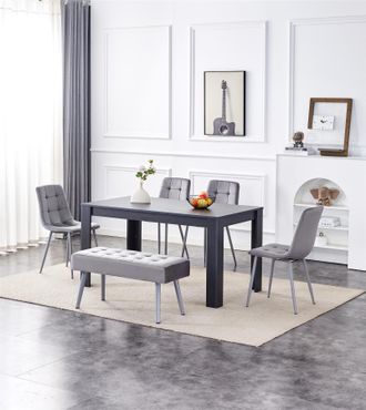Kosy Koala Dining Table & 4 Chairs With Bench Dark Grey Table 4 Grey Velvet Chairs Wood Table Dining Set Furniture