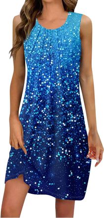 Generic Womens Summer Dresses UK - Ladies Fashion Floral Patterned Print Loose U Neck Sleeveless Sundresses Dress with Pockets,White Mini Dress Orange for Dai