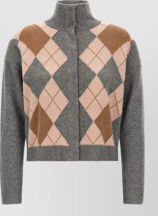 Max Mara cashmere wool argyle high neck cardigan