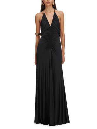 Self Portrait Gathered Black Jersey Maxi Dress with Deep V-Neckline