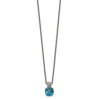 Diamond2Deal Sterling Silver with 14K Accent Cushion London Blue Topaz Pendant Necklace