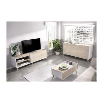 OEM Composici&oacute;n De Sal&oacute;n Con Mueble Tv + Aparador + Mesa De Centro, Blanco Y Natural - Ness 6 - Blanco Y Natural