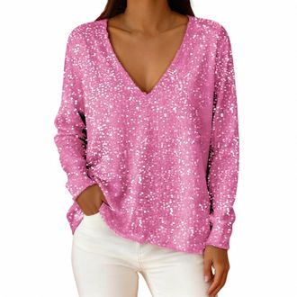 Generic Glitter Tops for Women UK Trendy Long Sleeve V Neck Sparkly Sequin Tunic T Shirts Slim Fit Elegant Evening Club Going Out Holiday Blouse Night Outfits