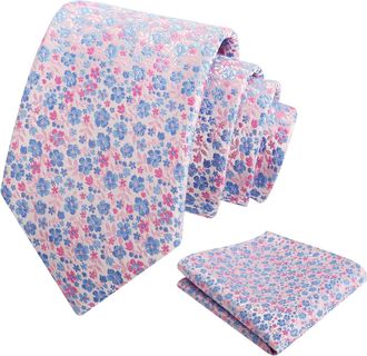 Alizeal Mens Floral Patterned Wedding Party Tie with Pocket Square 8cm Colorful Classic Business Tie Set, Pink+Blue