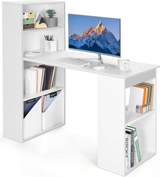 Costway Escritorio Con Estanteria, Mesa Escritorio 120 Cm, 6 Estantes De Almacenamiento, Mesa Ordenador Reversible Oficina/dormitorio (blanco) - Costway