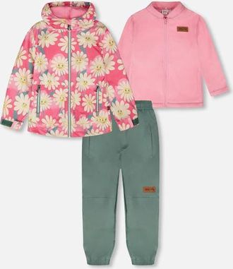 Deux par Deux 3-in-1 Two-Piece Mid-Season Outerwear with Solid Pants Set in Rose Printed Smiling Flowers at Nordstrom, Size 18M