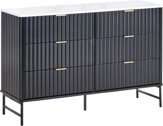 Beliani C&oacute;moda De 6 Cajones Dise&ntilde;o Frontal Estriado Moderno Mdf Patas De Metal Negro Efecto M&aacute;rmol Glastonbury
