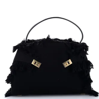 Ferragamo Hug Shoulder Bag Fringed Canvas and Leather Large