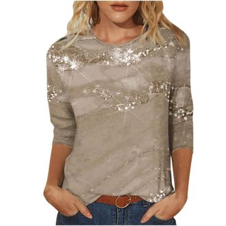 Generic Ladies Sparkly Tops 3/4 Sleeve Tunic Blouse Tops Y2K Long Sleeve Shirt Elegant Casual Printed Long Sleeve Sequin T-Shirt Round Neck Party Top Women Fa