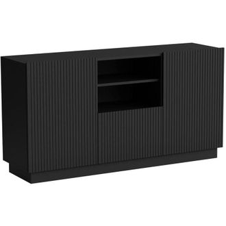 Dmora Credenza Serchio, Madia da salotto con due ante battenti, un cassetto e due vani aperti, Design con effetto cannettato, 150x40 h78 cm, Bianco