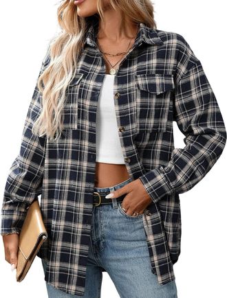 Generic Flannel Checked Shirts Womens Classic Long Sleeve Plaid Shirt Blouse V Neck Button Down Ladies Regular-Fit Checked Shirt with Pocket Office Business W