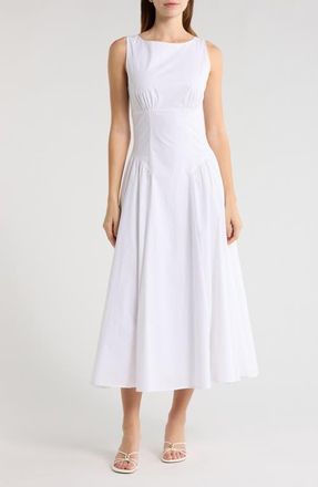 Staud Gwen Shaped Waist Stretch Cotton Dress in White at Nordstrom, Size 12