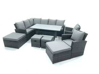 Fimous Outdoor Furniture Garden Dining Set Rattan Corner Sofa Set with 4 Footstools 2 Armchairs in Dark Grey