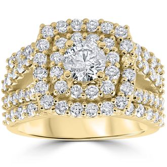 Pompeii3 3ct Diamond Engagement Wedding Double Cushion Halo Trio Ring Set 10k Yellow Gold