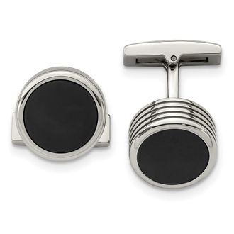 Diamond2Deal Stainless Steel Polished Grooved Round Black IP-plated Cufflinks
