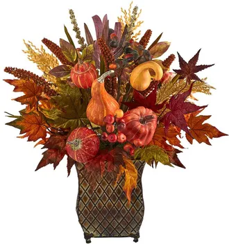 Nearly Natural 21In. Pumpkin, Maple Leaf & Sorghum Harvest Artificial Arrangement In Metal Planter
