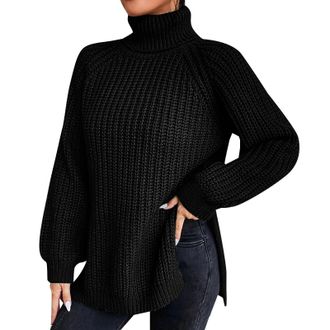 Generic Womens Black Fleece Wool Jumper Womens Striped Loose Solid Color Sweater Medium Long Autumn/Winter Turtleneck Long Sleeved Knit Sweater Womens Blouses