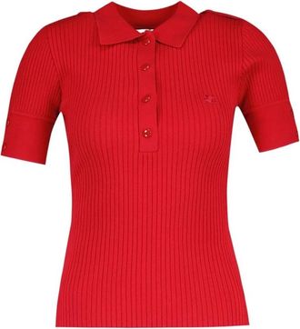Courr&egrave;ges Ribgebreide Poloshirt - Dames - Polos - Rood - XS - Polyester - Tops