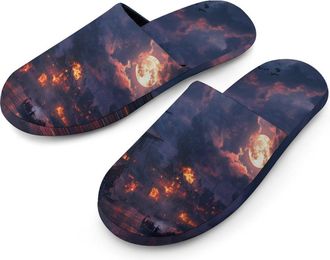 Generic Sailing Ship Moon Burning Village Warm Mens Slippers Slip On Soft Fleece House Shoes Winter Indoor Outdoor