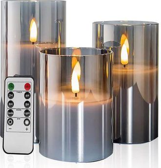 OEM Juego De 3 Velas De Cristal Gris Sin Llama, Con Efecto Parpadeante, Mando A Distancia, Mecha M&oacute;vil, Funcionan Con Pilas Y Emiten Una Luz C&aacute;lida Y Real