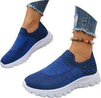 Generic Breathable Knit Unisex Slip On Sneakers Lightweight Comfort Flat Sole Walking Shoes for Casual Wear (Blue, 6.5)