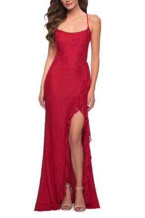La Femme Stretch Lace Dress with Ruffle Skirt Detail and Slit in Red at Nordstrom, Size 00