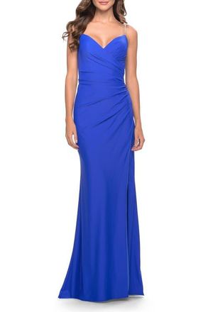 La Femme Long Ruched Jersey Gown with V-Neckline in Royal Blue at Nordstrom, Size 00
