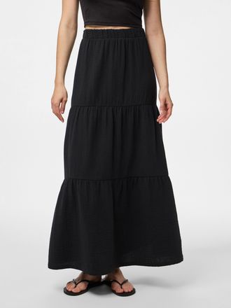 Pieces Maxirock PIECES PCSIKKA HW MAXI SKIRT WVN NOOS, Damen, Gr. XS, schwarz, Web, Obermaterial: 100% Baumwolle, unifarben, ausgestellt lang, R&ouml;cke Maxirock