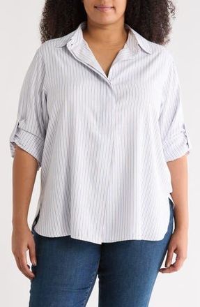 Max Studio Stripe Popover Tunic in White/Brown/Blue Stripe at Nordstrom Rack, Size 2X