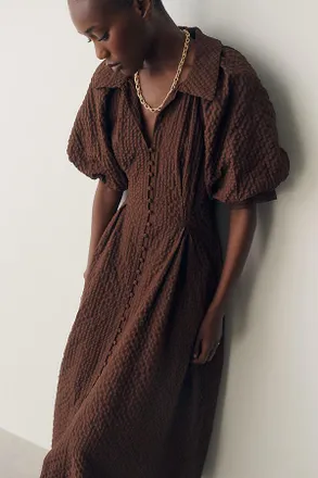 English Factory Puff-Sleeve Textured Midi Shirtdress