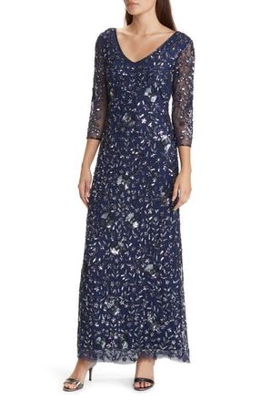 Pisarro Nights Beaded V-Neck Sheer Sleeve Cocktail Dress in Navy/Gunmetal 421 at Nordstrom, Size 10