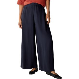 Eileen Fisher Pull-On Satin Wide Leg Pants in Ink at Nordstrom, Size Xx-Small