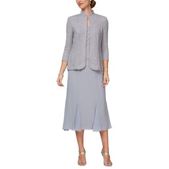 Alex Evenings Womens Tea Length Mock Jacket Dress with Mandarin Neck (Petite and Regular Sizes) Special Occasion, Silver, 12