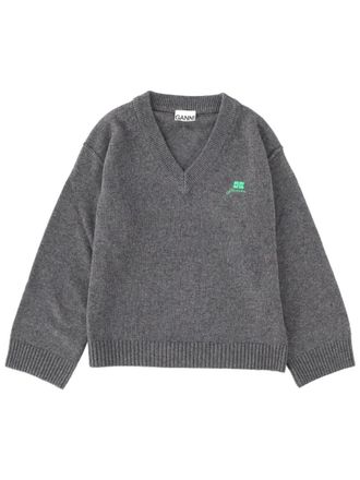 Ganni Grey Logo V Neck Sweater