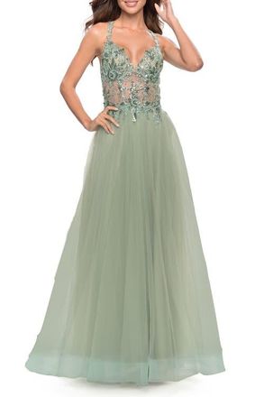 La Femme Tulle A-Line Gown with Sheer Bodice and Beaded Lace Detail in Sage at Nordstrom, Size 12