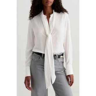 AG - Adriano Goldschmied Lora Metallic Tie Neck Button-Up Shirt in Powder at Nordstrom, Size X-Small