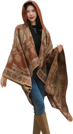 Generic Womens Paisley Poncho Cloak Faux Cashmere Hooded Long Cape Autumn Winter Travel Wrap Shawl Coat