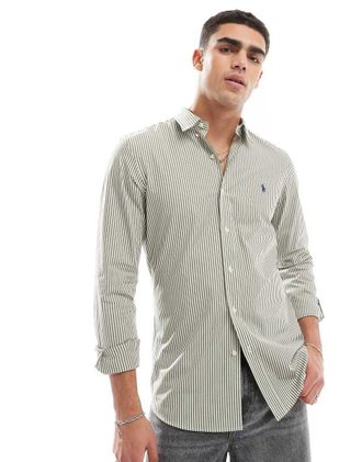 Polo Ralph Lauren Icon - Camicia slim fit elasticizzata verde e bianca a righe in popeline con logo