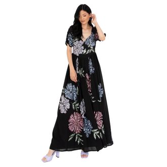Maya Womens Maxi Dress Ladies Embellished Floral Sweetheart Neckline for Wedding Guest Bridesmaid Occasion Prom Ball Gown, Black, 12