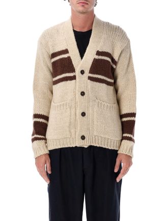 Universal Works Chunky Knit Cardigan with Contrasting Stripes and Heritage Aesthetic