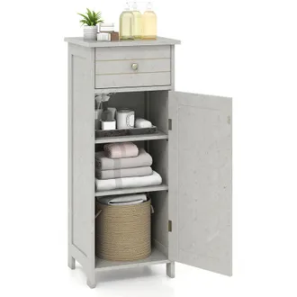Costway Bathroom Storage Cabinet Floor Standing Wooden Cupboard-Grey