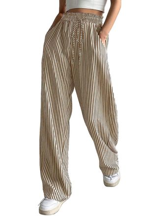 Generic Womens Casual Striped Pants Drawstring Elastic Waist Straight Wide Leg Trousers with Pockets Casual Lightweight Comfortable Dress Work Palazzo Pants L